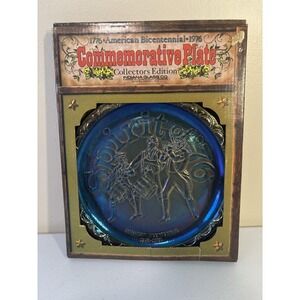 Spirit of 76 Glass Commemorative Blue Carnival Collector Plate Indiana Glass Box